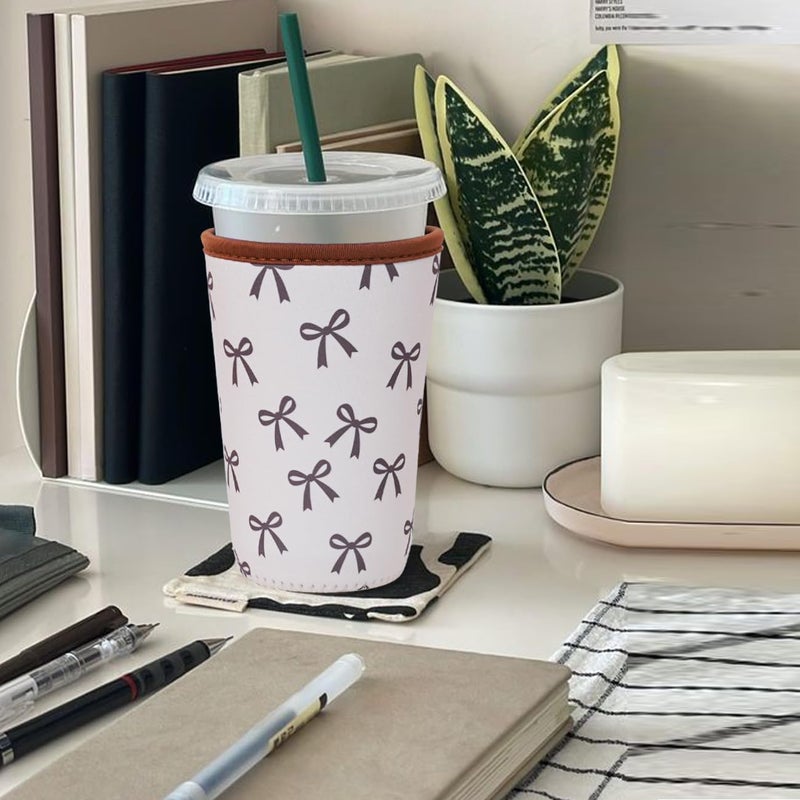 Haevola Reusable Insulated Neoprene Iced Coffee Cup Sleeve, Durable Drink Sleeve for Cold Beverages, Beverage Holder for Iced Coffee, Elegant Bow - Image 3